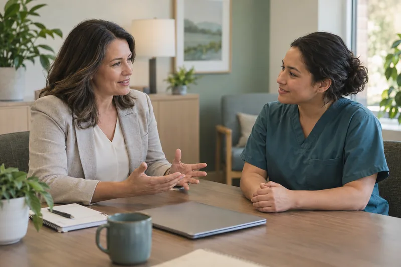 A nursing professional in teal scrubs listening during a conversation at a table.