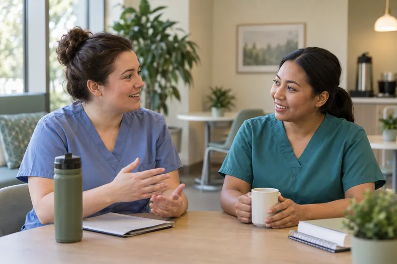 Two nursing professionals talking at a table in a bright break room.
